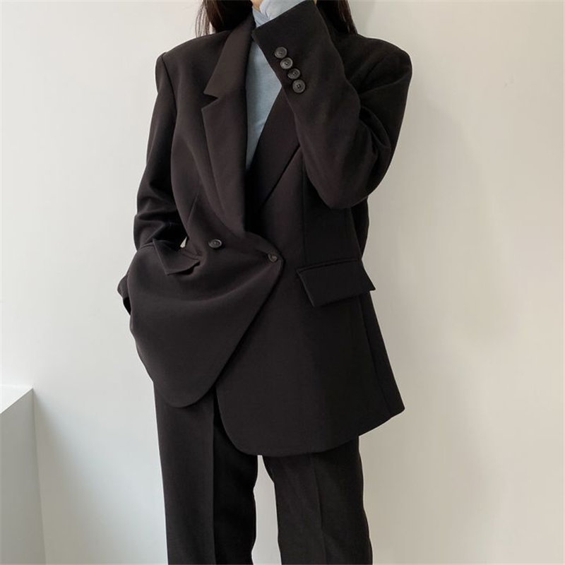 Black Chic Casual Femme Plus Size Elegance Women Blazers+ Straight Solid Pants Loose Suits Set 2 Piece Sets 210421