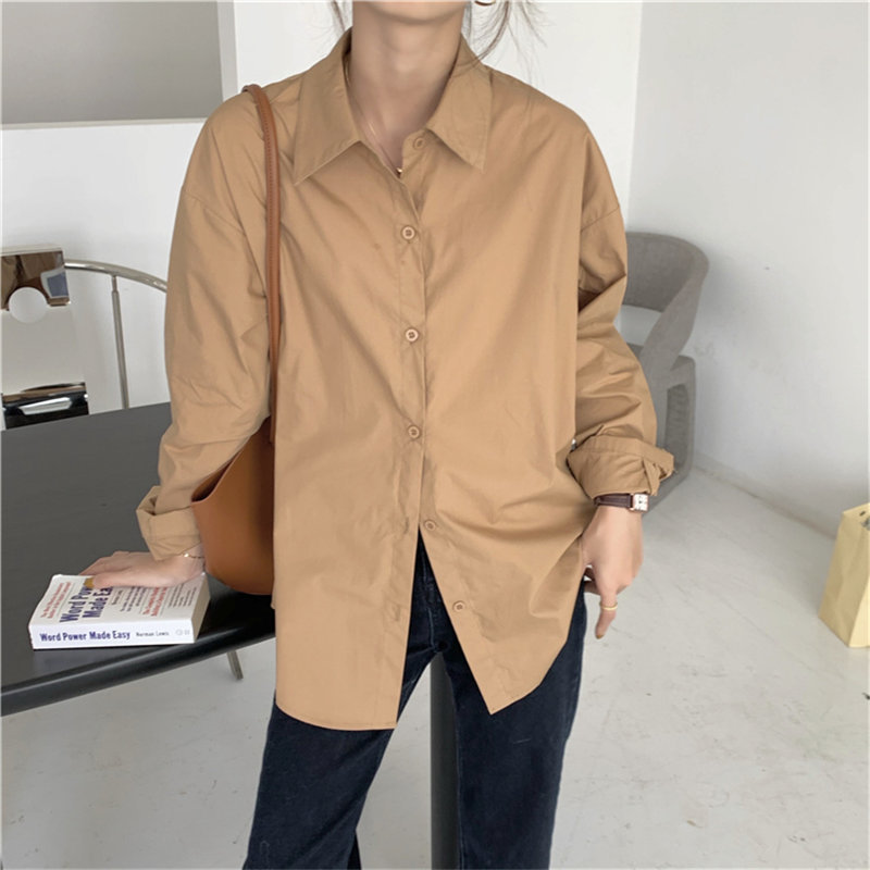 Solid Vintage Brief Office Lady Casual Streetwear Tops Retro Summer Chic Loose All Match Stylish Shirts Clothe 210421
