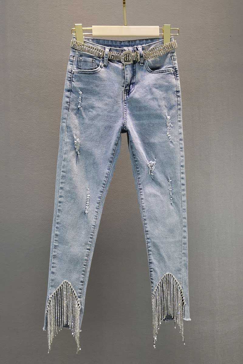 Spring Women's Cotton Elastic High Waist Irregular Tassel Denim Pants Hole Ripped Ankle Length Jeans 210708
