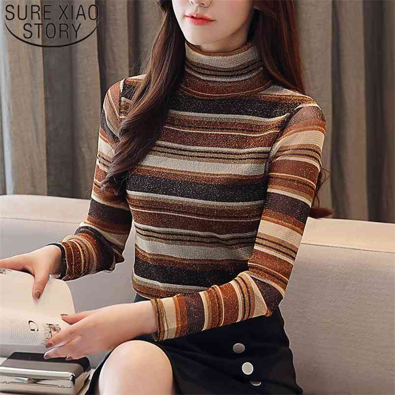 Autumn Fashion Women Blouses Long Sleeve Turtleneck Tops Casual Striped Solid Clothing Plus Size 5621 50 210506