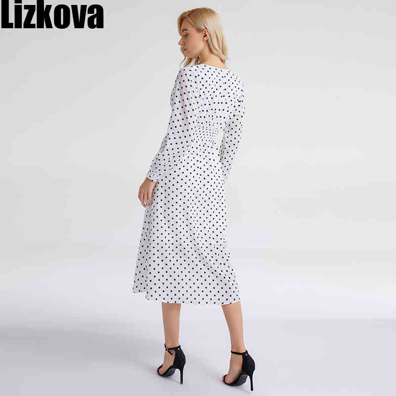Lizkova White Dot Print Chiffon Dress Women Long Sleeve Elastic Waist Robe Spring Female O-neck Lantern Sleeve Vestio NI001 210409
