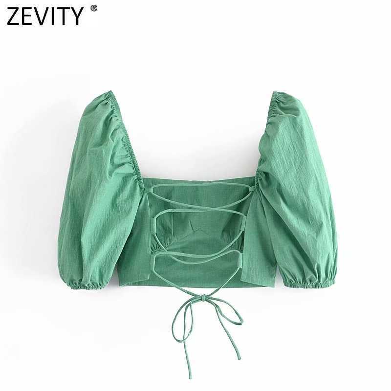 Zevity Women Vintage Puff Sleeve Square Collar Green Short Blouse Femme Sexy Backless Lace Up Shirt Chic Blusas Crop Tops LS9286 210603