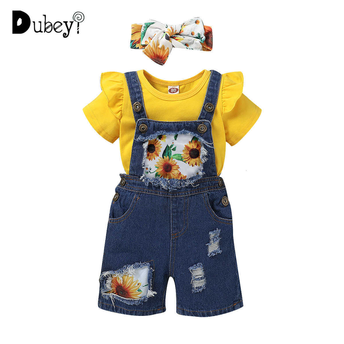 Sunflower Clothes for Kids Girls Two Piece Outfits Yellow Top Denim Jeans Fashion Baby Outfit Overalls 210529