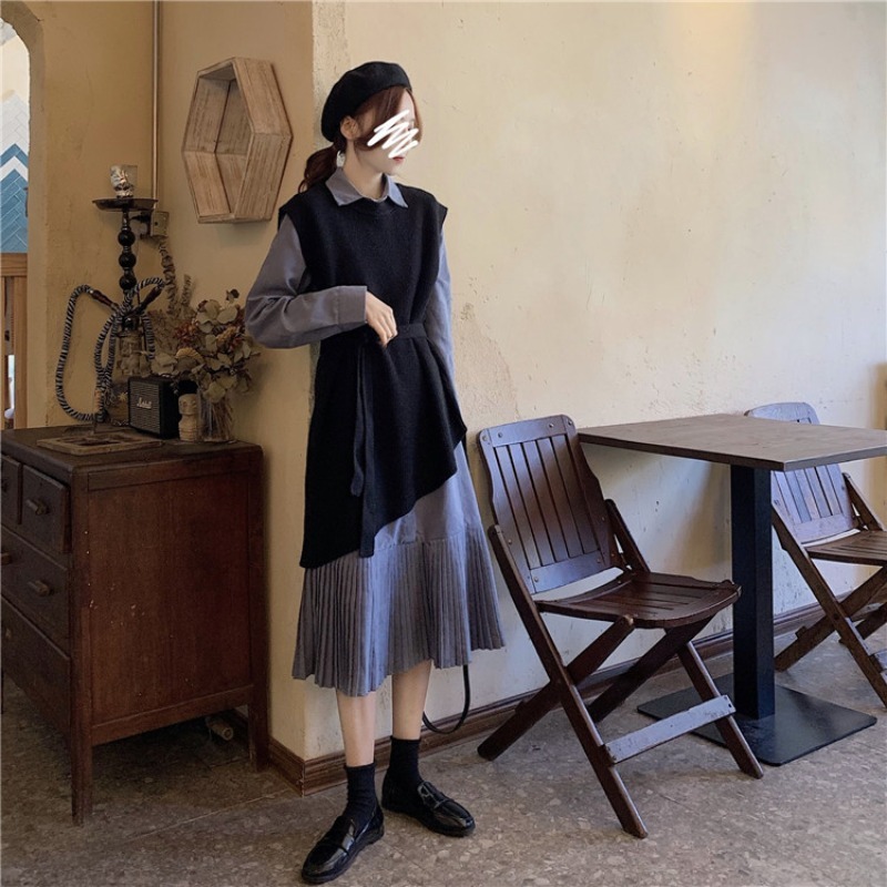 Elegant Two Pieces Set Women Loose Sleeveless Vest + Pleated Long Shirt Dress Autumn Ladies Korean Chic Duit Outfits 210519