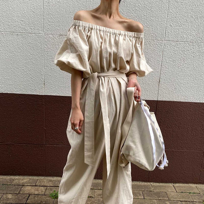 Korejpaa Women Jumpsuits Summer Korean Chic Temperament One-Word Collar Leaky Shoulders Folds Lace-Up Wide-Leg Jumpsuit 210526
