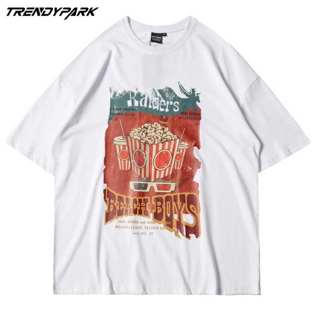 Men's Hip Hop T-Shirt Streetwear Harajuku Popcorn Print T Shirt Cotton Casual Short Sleeve Tshirt Black Shirt Oversized Top Tee 210601