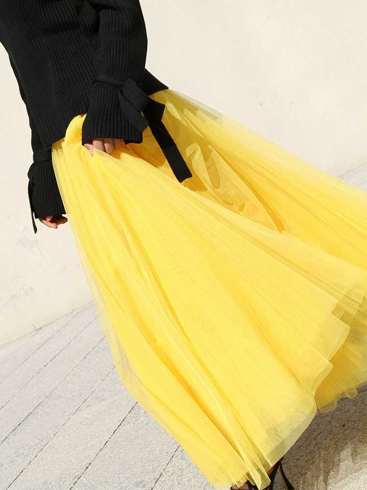 95 CM Long 2 Layers Mesh With Lining Expansion Skirt Yellow Tulle Elastic Waist Summer Beach Travel Ball Big Swing Skirts 210621