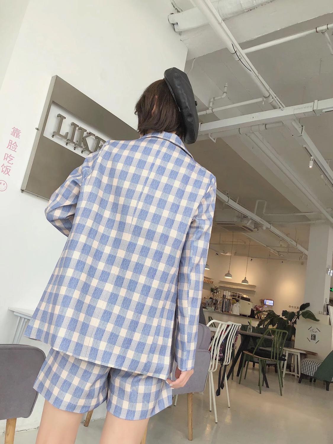 Boyfriend Style Blue White Gingham Plaid Print Blazer High Waist Skirt Shorts Pants Women Long Sleeve Suits 2 Pieces Set 210429