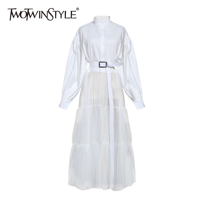Elegant White Dress For Women Stand Collar Lantern Long Sleeve High Waist Sashes Mesh Spring Dresses Female Fashion 210520