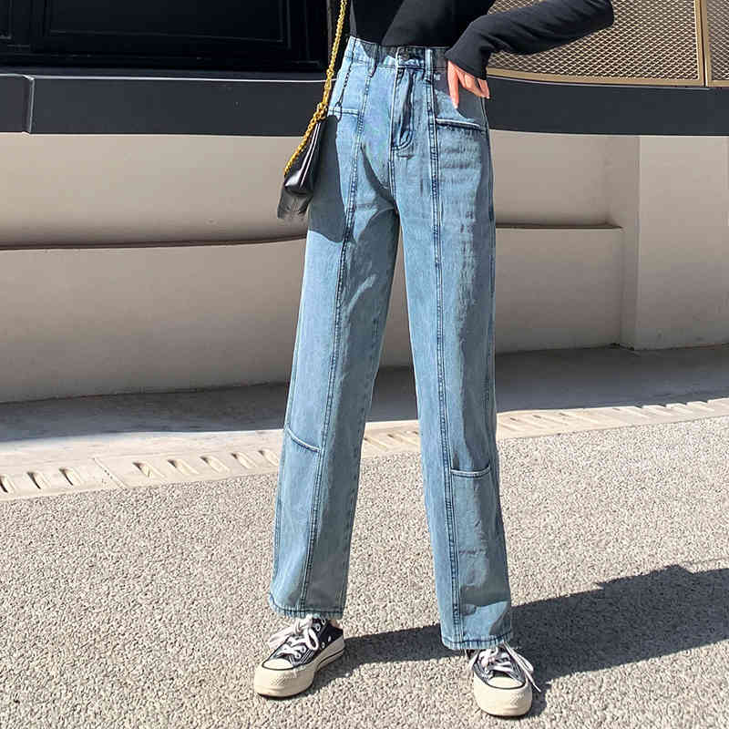 Korean Style Women Allmatch Loose High Waist Straight Wide Leg Pants Fashion Blue Jeans Full Length Trousers 10733 210417