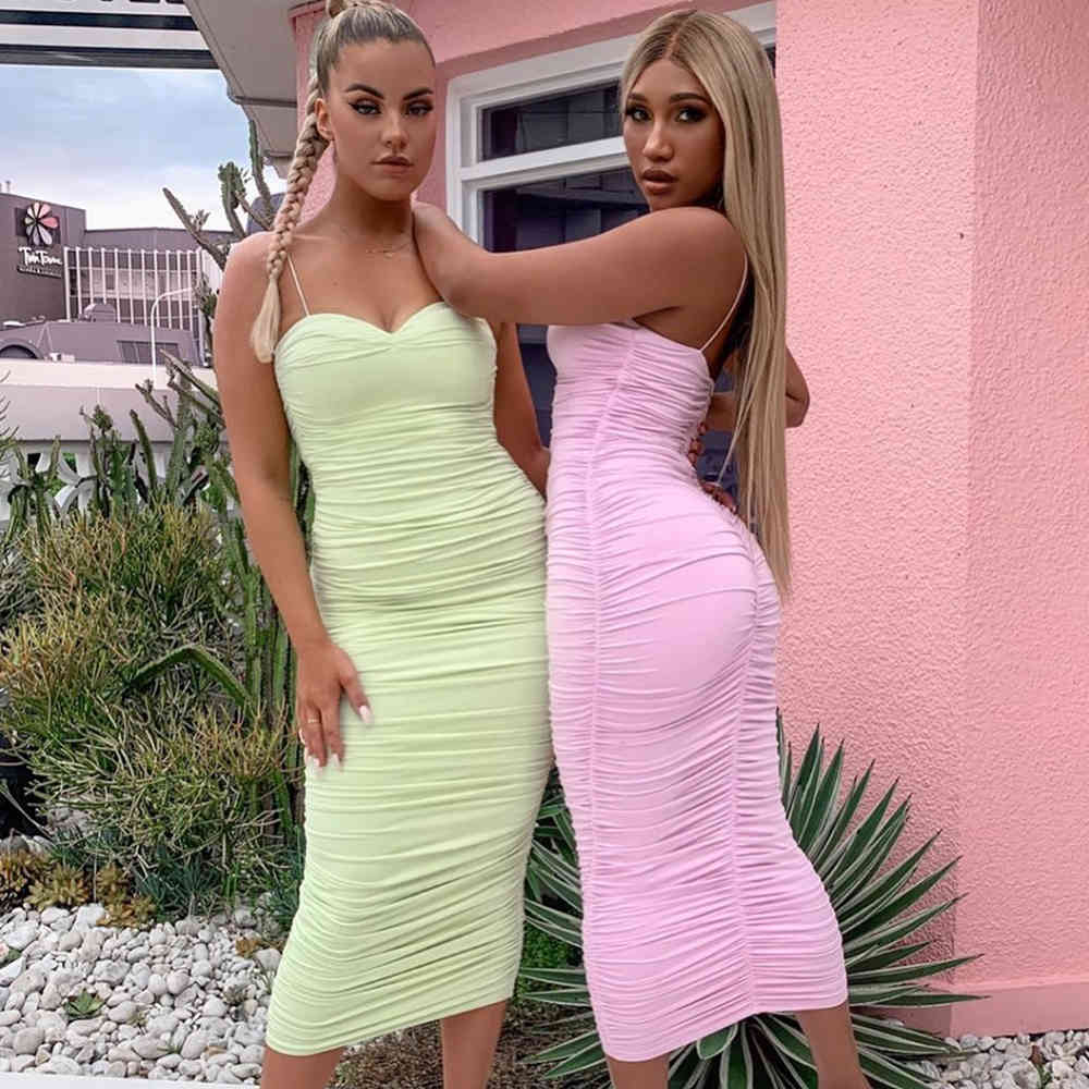 Summer Women Pink Spaghetti Strap Evening Dress Sexy Sleeveless Draped Celebrity Runway Club Party Casual Dresses 210423