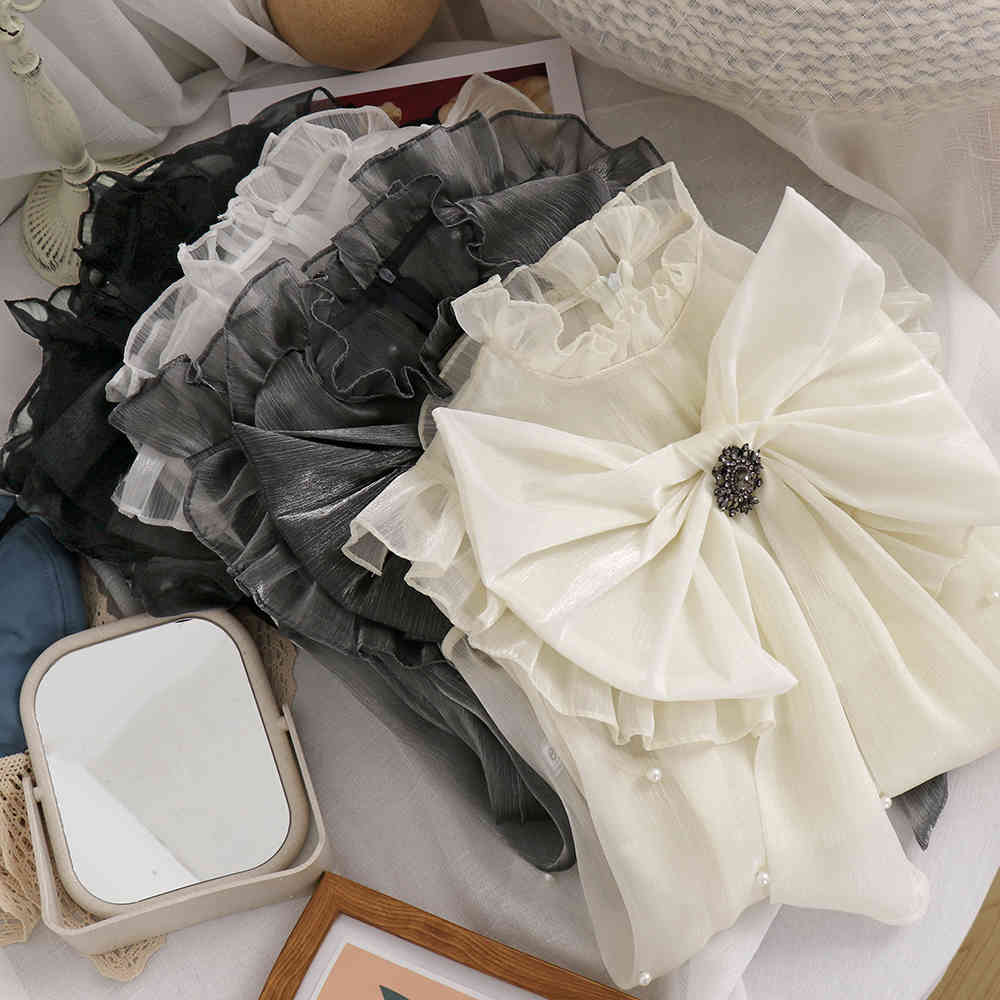 See Through Women Chiffon Shirt Blouse Bow Bandage Beading Blusas Femme Long Sleeve Summer Blouses 210519