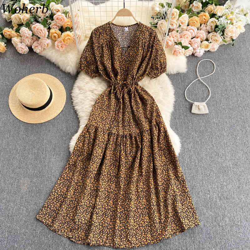 Korean Vintage Floral Print Party Long Dress Women V-neck Puf Sleeve Beach Holiday Midi Dresses Chic Sweet Robe Femme 210519