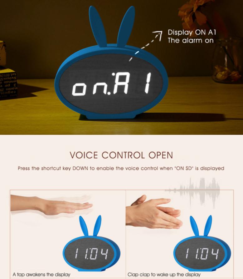 Cartoon Bunny Ears LED Wooden Digital Alarm Clock Voice Control Thermometer Display Blue