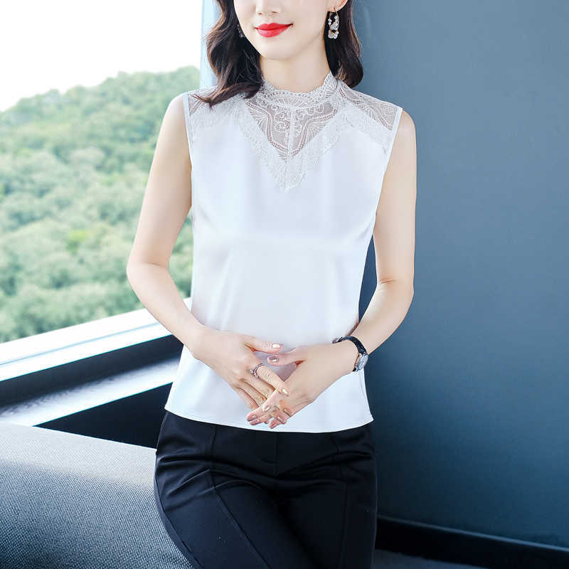 Korean Blouse Women Silk s Sleeveless Tops Plus Size Woman Pullover Hollow Out Shirt Satin Lace s 210604