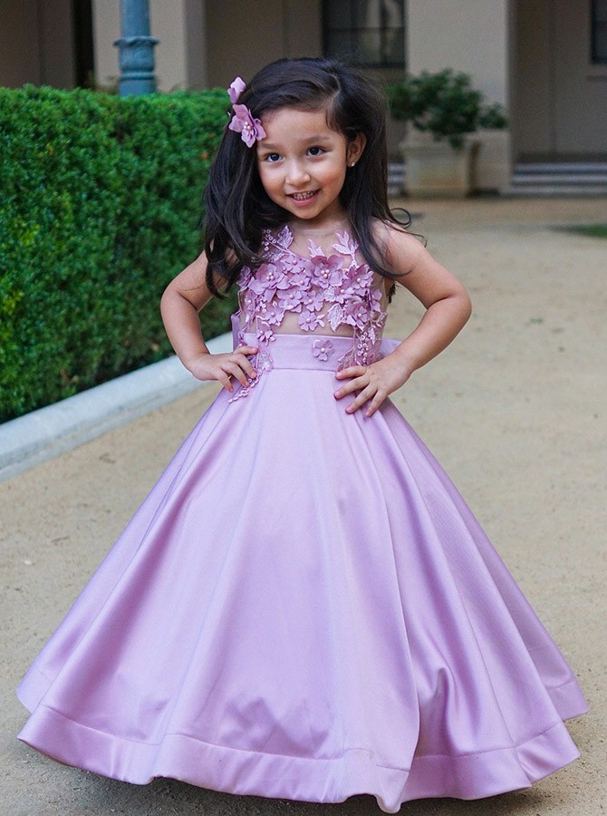 Purple Flower Girls Dress 3D Floral Lace Appliques Children Birthday Party Dresses A Line Wedding Prom Formal Wear