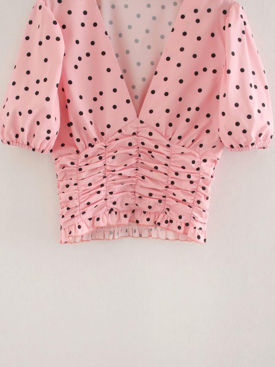 Retro V-neck Slimming Pleated Pink Dot Short Sleeve Chic Female Shirt Harajuku Sweet Navel Casual Holiday Party Women's Tops 210507