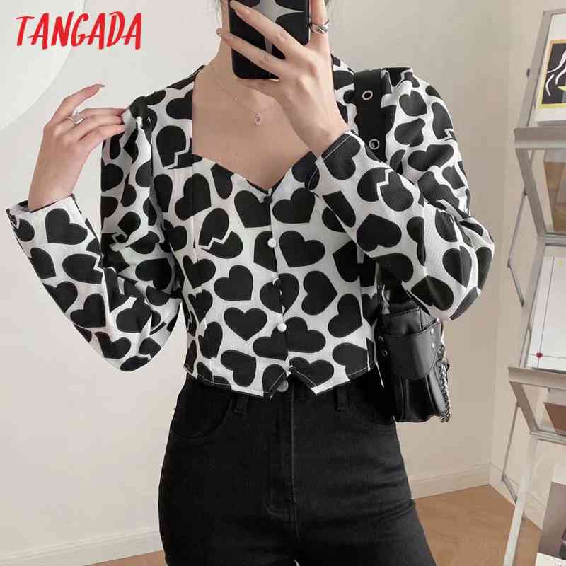 Women Retro Heart Print Crop Long Sleeve Chic Female Short Blouse Shirt Tops 5B20 210416