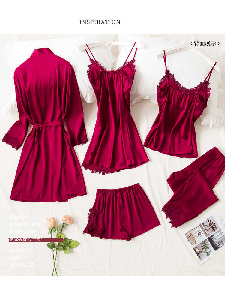 5PCS Robe Sleep Suit Pajamas Set Sexy Lace Stain Red Pajamas Women Silk Pyjamas Dressing Gown Summer Robe Sleepwear Chest Pads 210924