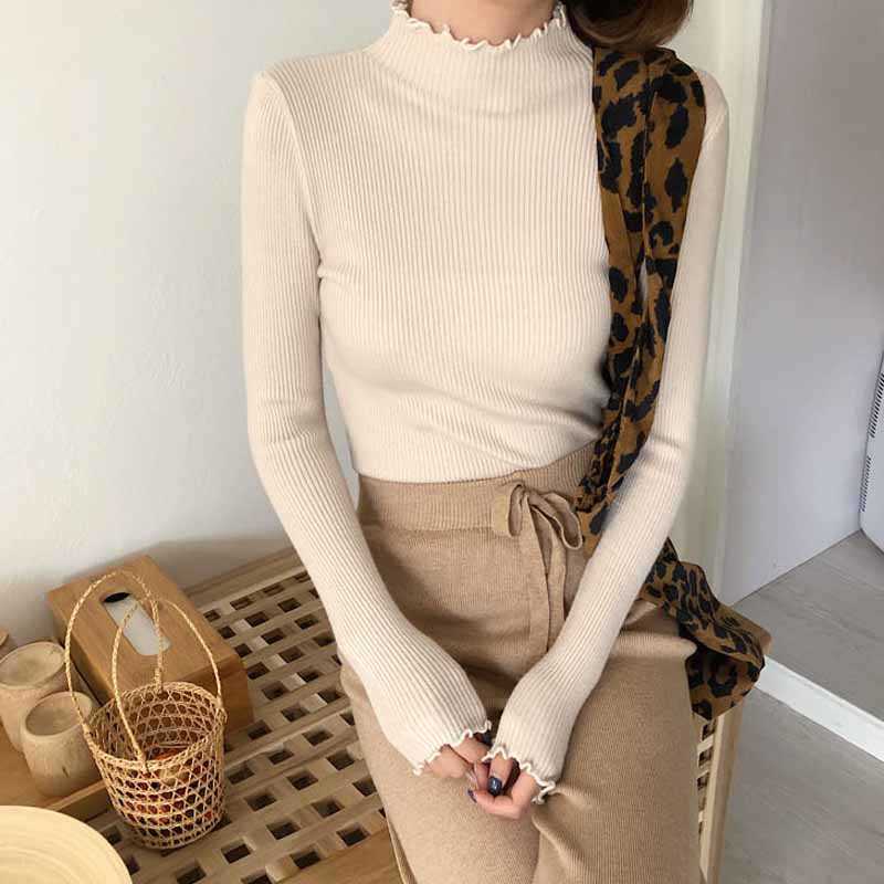 Spring Winter Fashion Slim Sweater Women Turtleneck Ruched High Elastic Solid Sexy Knitted Pullovers 6785 211011Z