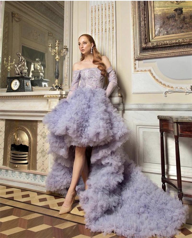 Hi-Lo Evening Dresses With Ruffles Tulle Chic Long Sleeves Crystal Beads Appliqued Formal Prom Dress Custom Made Elegant Pageant Robe de mariée