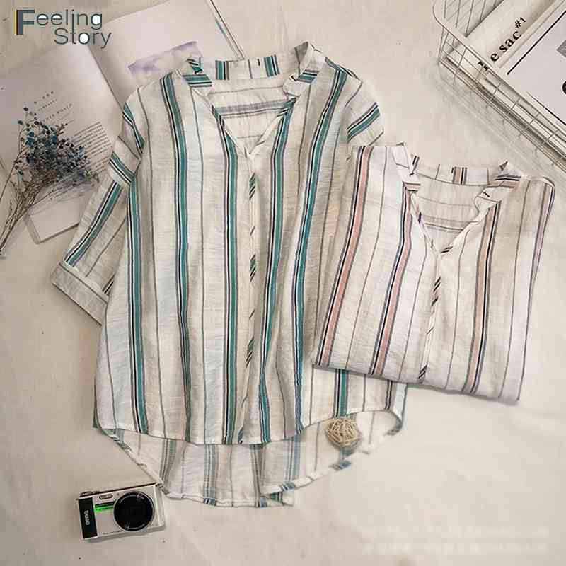 Striped Shirt Casual V Neck Half Sleeve Loose Korean Blouse Cotton Chiffon Women Summer Cardigan Tops for Ladies 210603, Pink
Striped Shirt Casual V Neck Half Sleeve Loose Korean Blouse Cotton Chiffon Women Summer Cardigan Tops for Ladies 210603, Pink
