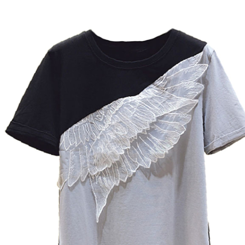 Nnomikuma Graphic T Shirts Korean Hit Color Lace Ruffle Patchwork Tee Top Summer New Short Sleeve O-neck Woman Tshirt 6G649 210427