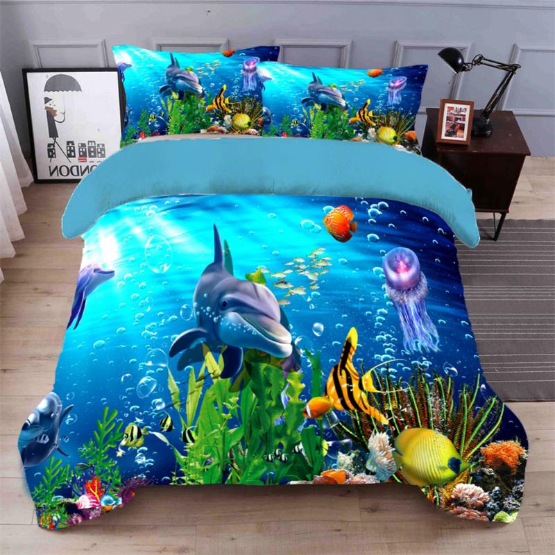 Cute Dolphin Duvet Cover Child Bedspread Twin Size Bedding Set Brushed Fabric Luxury Home Textile 3pcs Flat PillowCase Sets