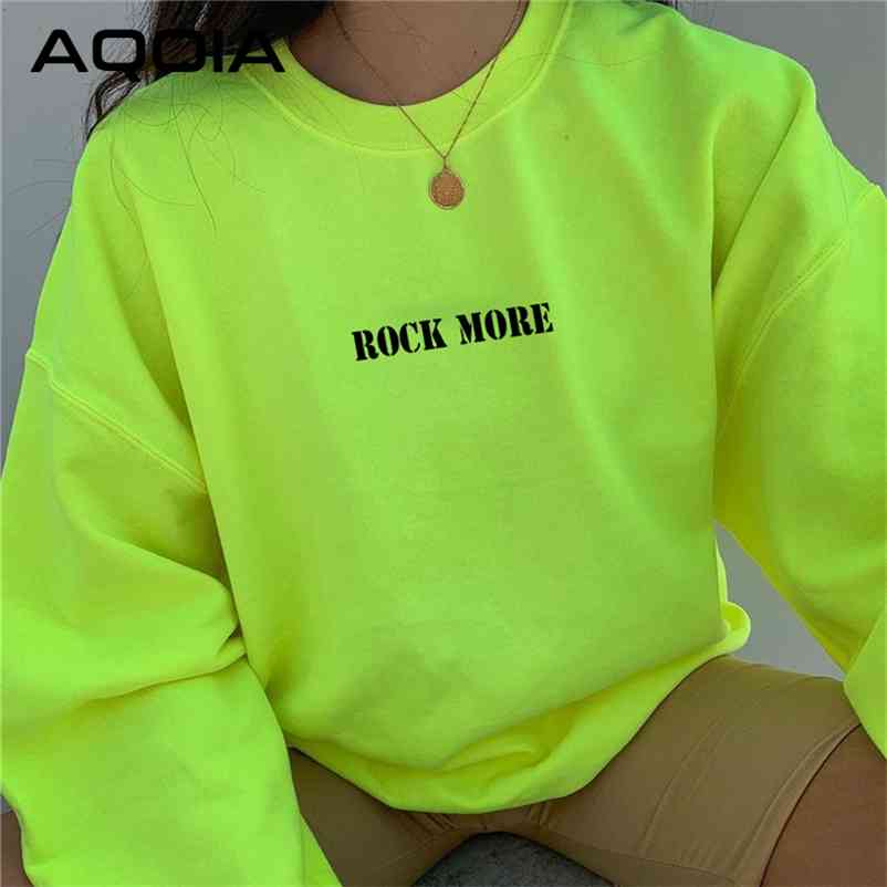 AQOIA Harajuku O-Neck Long sleeved Loose Letter Fluorescent Green Sweatshirt Women Autumn Winter Thick Pullover Clothing 210521