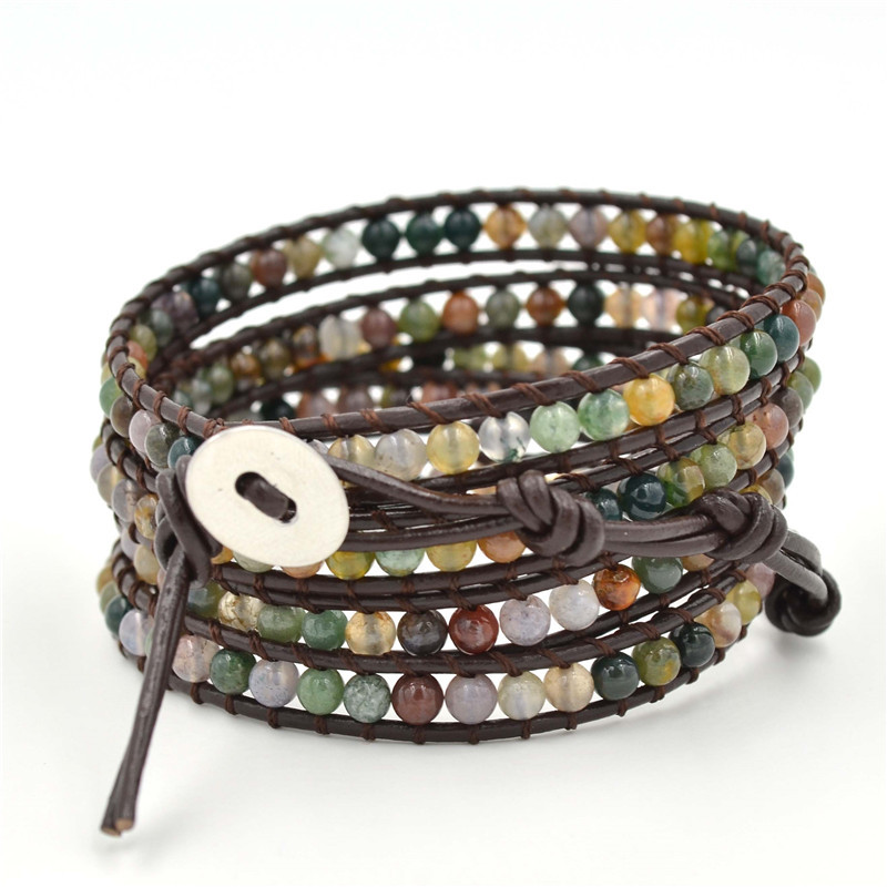 Bohemian Layered Natural Stone Crystal Beaded Strands Bracelet Wrap Leather Rope Boho Multilayer Handwoven Adjustable