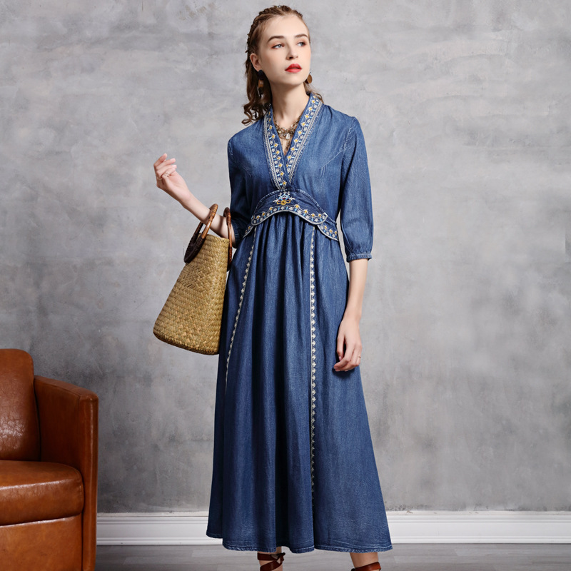 Johnature Women Denim High Waist Dresses Vintage Embroidery Floral Blue Autumn Dresses Patchwork V-Neck Female Dresses 210521, Denim blue
Johnature Women Denim High Waist Dresses Vintage Embroidery Floral Blue Autumn Dresses Patchwork V-Neck Female Dresses 210521, Denim blue