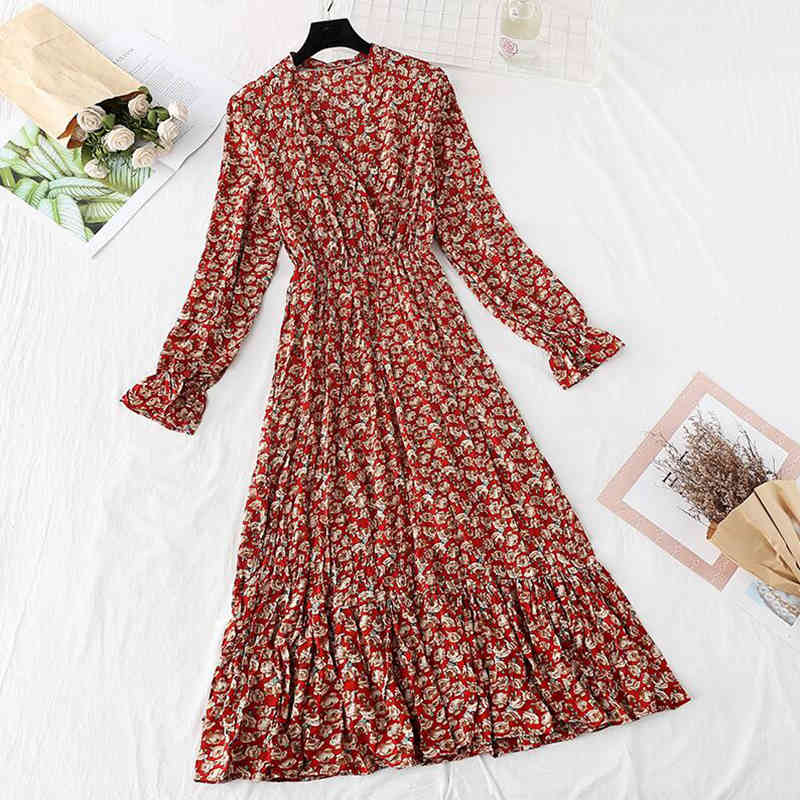 Elegant Chiffon Pleated Midi Dress Spring Fashion Women Long Sleeve Ruffles Print Dresses Elastic Waist Vintage Vestidos 210521