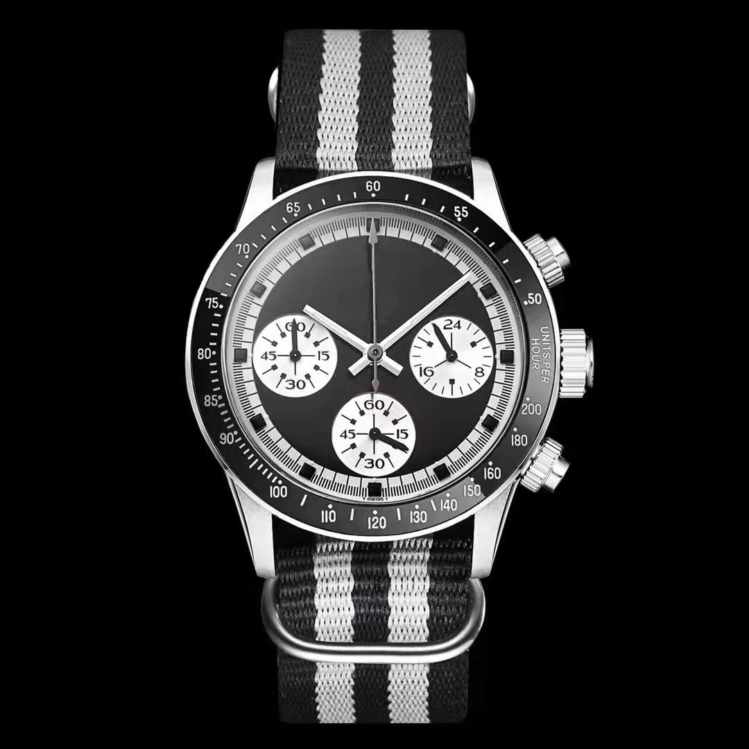 Vintage D Watch Perpetual Paul Newman VK63 Movement Quartz Stopwatch Male Clock Stainless Steel Men Watches 37mm Wristwatches 181, Black fabric black face