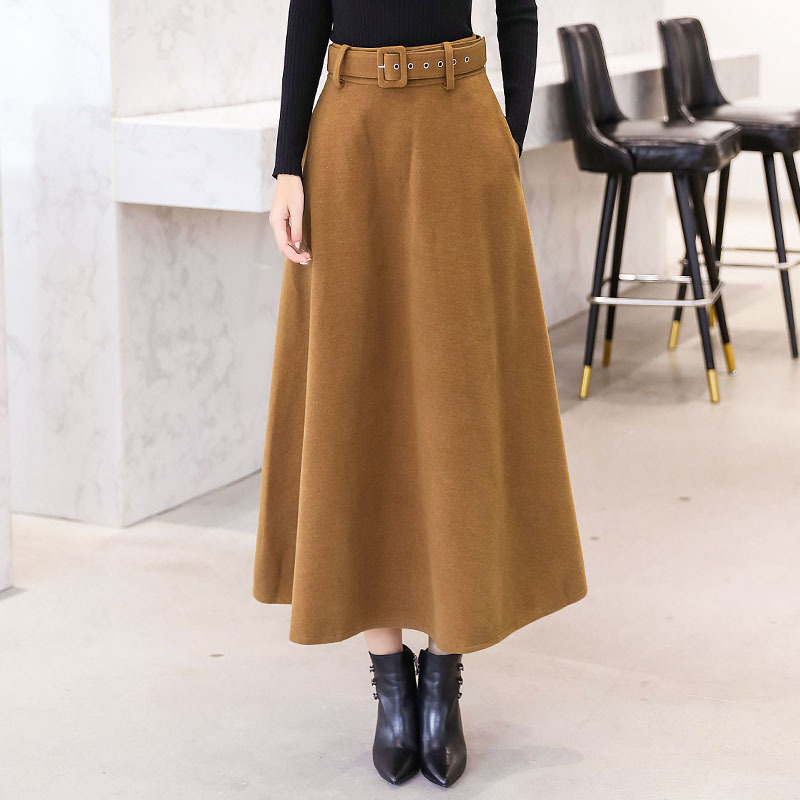 Winter Women's Wool Maxi Skirts With Belt Fashion Vintage Woolen Skirt Female Streetwear Casual Saia Longa Wine Red 610D 210420