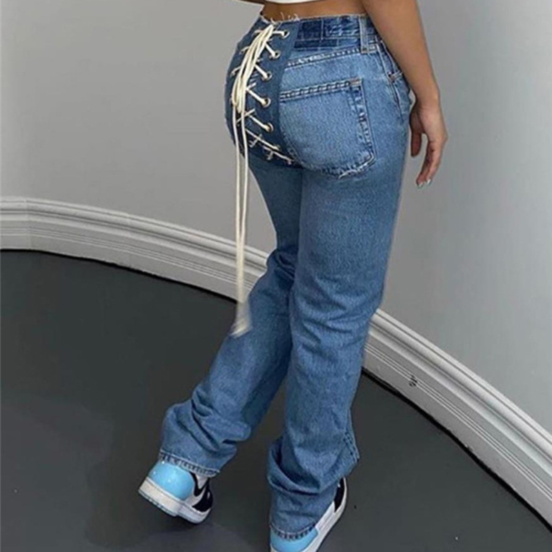 Back Cross Bandage Jeans For Women High Waist Lace Up Bowknot Streetwear Casual Trousers Female Fashion Clothes 210521