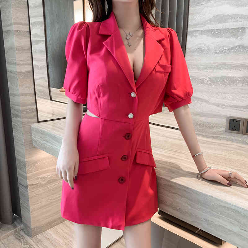 Sexy Hollow Out Waist Casual Dress For Women Retro Fashion Notched Puff Sleeve Mini Blazer Female 210519