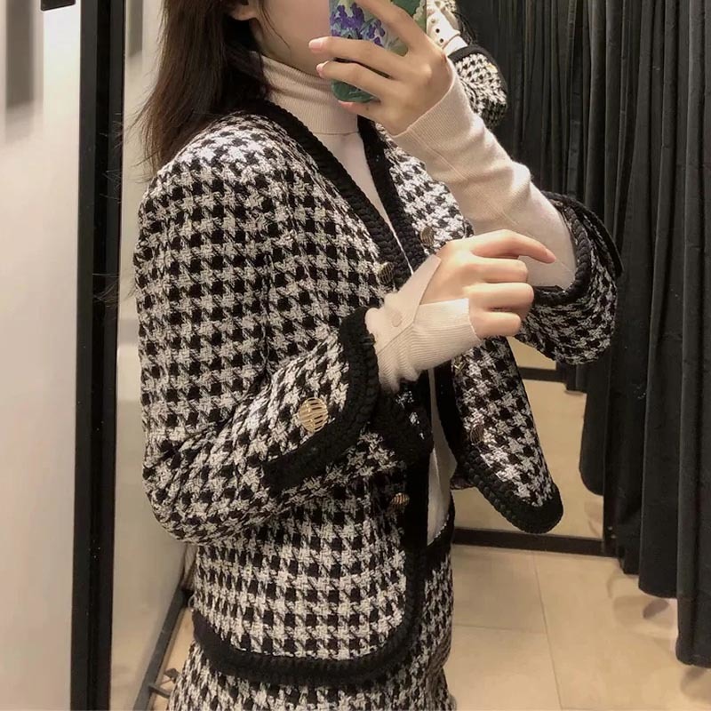 Vintage Plaid Tweed Jacket Coat With Buttons Women Stylish V Neck Short Cardigan Tops Houndstooth Long Sleeve Jackets 210515