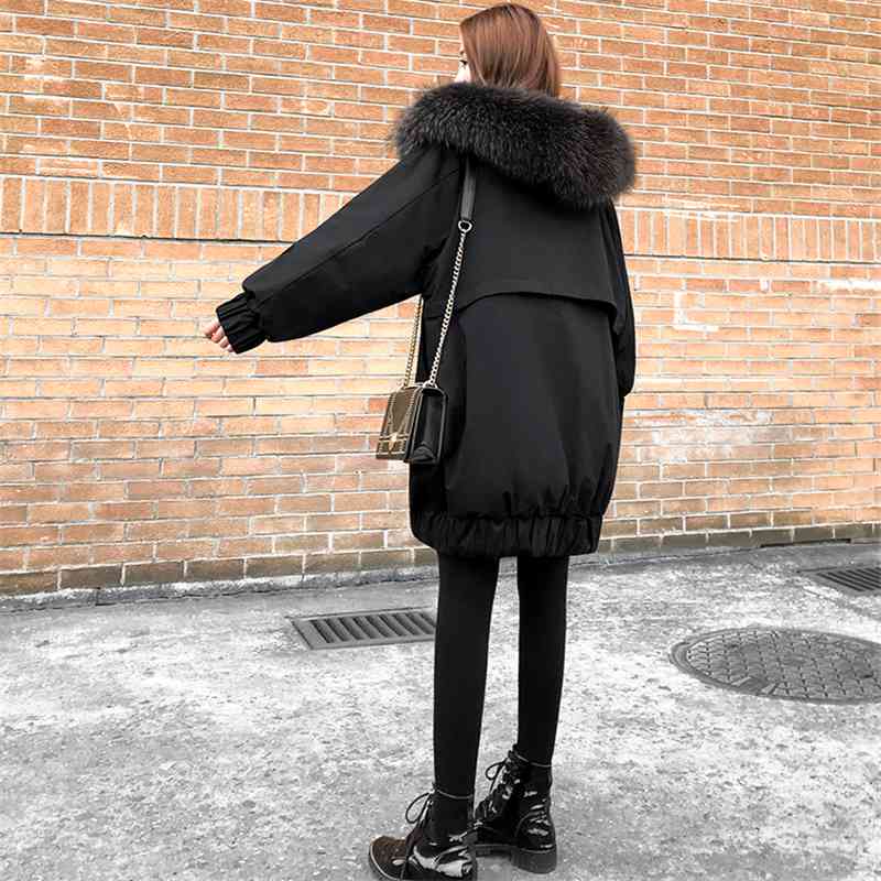 Winter Coat and Jacket Women Fur Collar Long Hooded Parka Black Warm Korean Fashion Plus Size Duck Down Female 210428