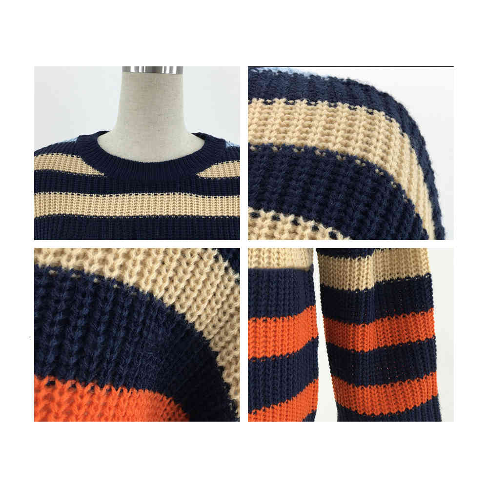 Women Fashion Autumn Striped Knitted Pullover Casual Loose Rainbow Sweater Female Retro Batwing Sleeve 210428