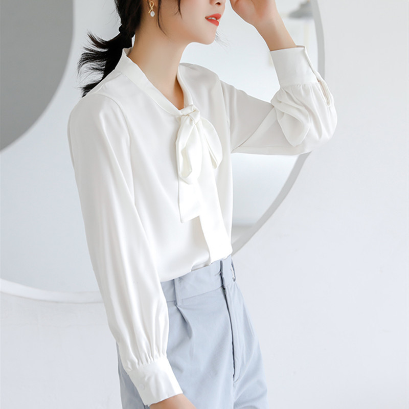 OL Elegant White Basic Shirt Autumn Career V-neck Long-sleeved Loose Chiffon Blouses Plus Size Women Clothing 210421
