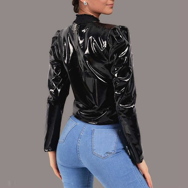 Women Latex Patent Leather O-Neck Tops Long Sleeve Shirt Pullovers PVC Jackets Plus Size Black Red PU Leather Short Coats Custom 211011