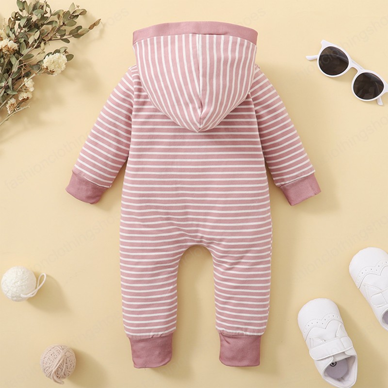 Baby Strip Hooded Bodysuit Stripe Long Sleeve Rompers Buttoned Collar Jumpsuit without Pocket Kids Clothing