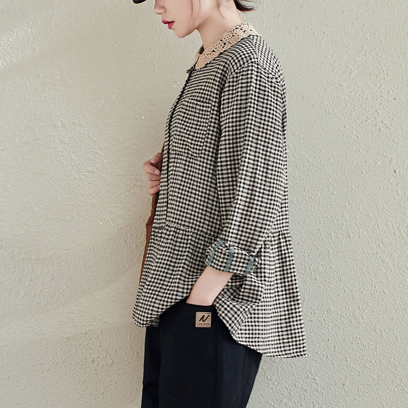 Spring Arts Style Women Long Sleeve Loose Shirts Lace Peter Pan Collar Cotton Linen Plaid Blouse Femme Tops Plus Size V306 210512