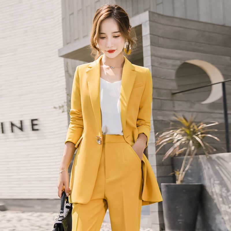 High quality ladies yellow suit autumn fashion professional pants large size Slim long blazer Women's two-piece 210527 
High quality ladies yellow suit autumn fashion professional pants large size Slim long blazer Women's two-piece 210527