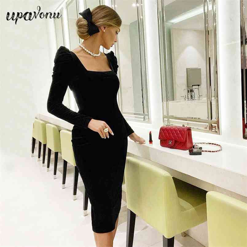 Free Women's Black Velvet Dress Elegant Square Neck Bubble Long Sleeve Bodycon Midi Club Party Vestidos 210524