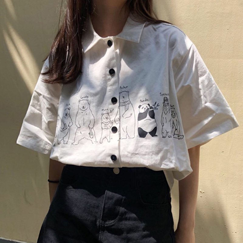 White Blouse Women Loose Japanese Style Cartoon Animal Print Kawaii Shirt Girls Cute Short Sleeve Blusas Summer Top 210519