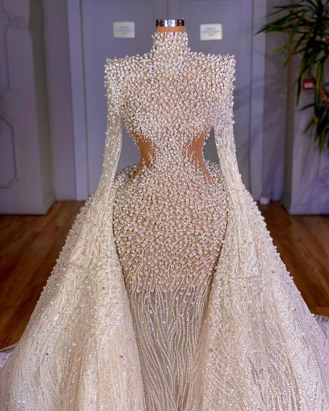 Luxury Pearls Long Sleeve Wedding Dresses Beading Bridal Gowns With Detachable Skirt Dubai vestido de novia Customise
