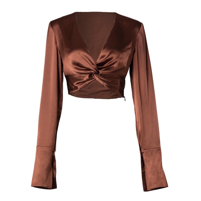 Brief Pleated Temperament Satin Crop Shirt Women Sexy Cross V neck Hem Tie Pullovers Blouse Short Tops 210429