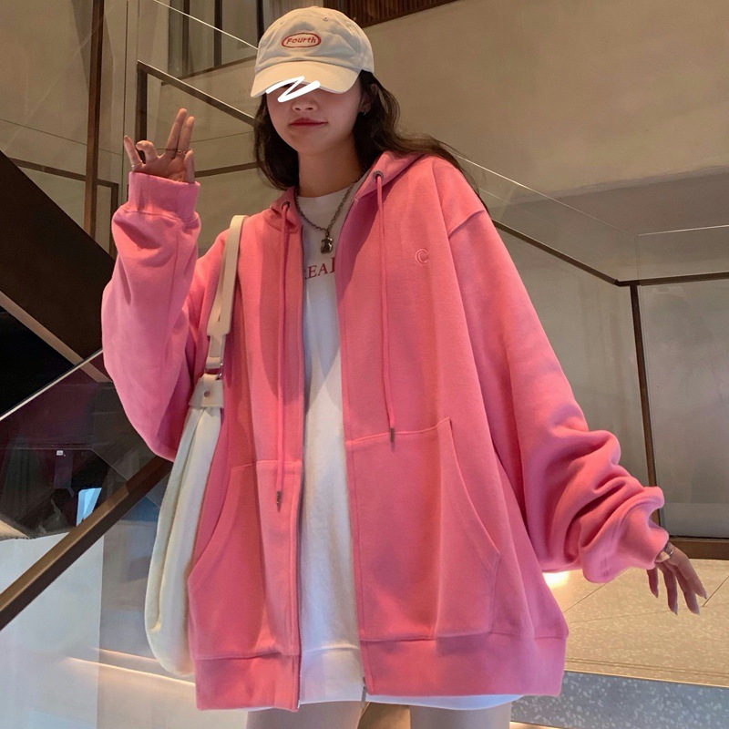 Women Korean Style Hoodie Zip-up Harajuku Oversized Solid Pocket Hooded Sweatshirts Autumn Long Sleeve Loose Baseball hoodie