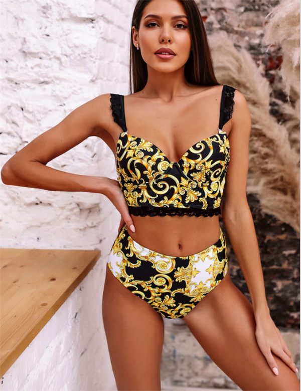 Women Vintage Retro Bikini Set Split Swimsuit Lace Strap Push Up Swimwear High Waist Printed Bathing Suits Summer Beach Wear Swimming Suit B4